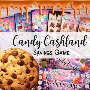 Puede incluir: Un tablero de juego colorido con una gran galleta de chocolate con chispas en primer plano. El tablero de juego tiene una variedad de imágenes que incluyen cupcakes, piruletas, barras de chocolate y helados. El texto "Candy Cashland Savings Game" está impreso en el tablero.