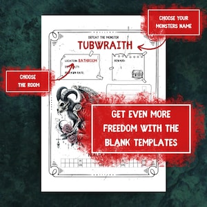 May include: A printable monster battle card with a black and white illustration of a creature with horns and wings. The card has a title "TUBWRAITH" and a health bar. The card is labeled "DEFEAT THE MONSTER" and has a section for "LOCATION", "DIFFICULTY", "RESPAWN RATE", and "REWARD".