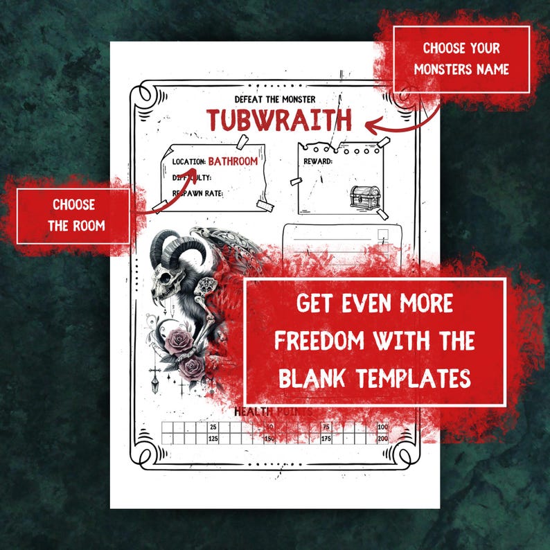 May include: A printable monster battle card with a black and white illustration of a creature with horns and wings. The card has a title "TUBWRAITH" and a health bar. The card is labeled "DEFEAT THE MONSTER" and has a section for "LOCATION", "DIFFICULTY", "RESPAWN RATE", and "REWARD".
