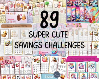 BIG Cute Savings Challenges Bundle With 89 Challenges, Budget Binder Challenges, digital Challenge, Printable Envelope Methode Cash Stuffing