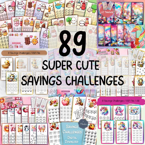BIG Cute Savings Challenges Bundle With 89 Challenges, Budget Binder Challenges, digital Challenge, Printable Envelope Methode Cash Stuffing