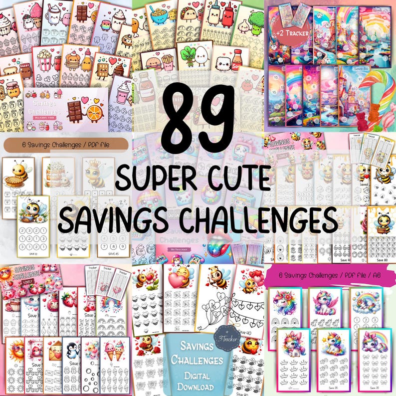 以下が含まれることがあります： 様々なデザインの89個の「Super Cute Savings Challenges」のコレクション。画像には、食べ物、動物、その他のキュートなグラフィックのイラストが描かれた複数のカードが写っています。「Savings Challenges」と「Digital Download」というテキストが含まれています。