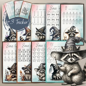 May include: A set of printable coloring pages featuring a raccoon dressed as a witch. The pages include a variety of images, such as a broom, a cauldron, a moon, and stars. The text "Save 7", "Save 4", and "+3 Tracker!" is included on the pages.