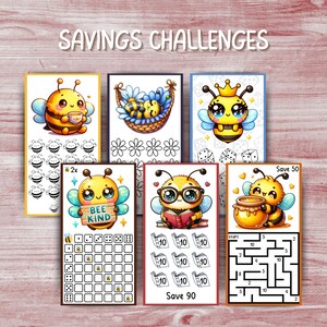 May include: A collection of colorful savings challenge cards featuring cartoon bees. Each card has a unique design, including bees with crowns, reading books, and holding honey pots. The text "SAVINGS CHALLENGES" is at the top.