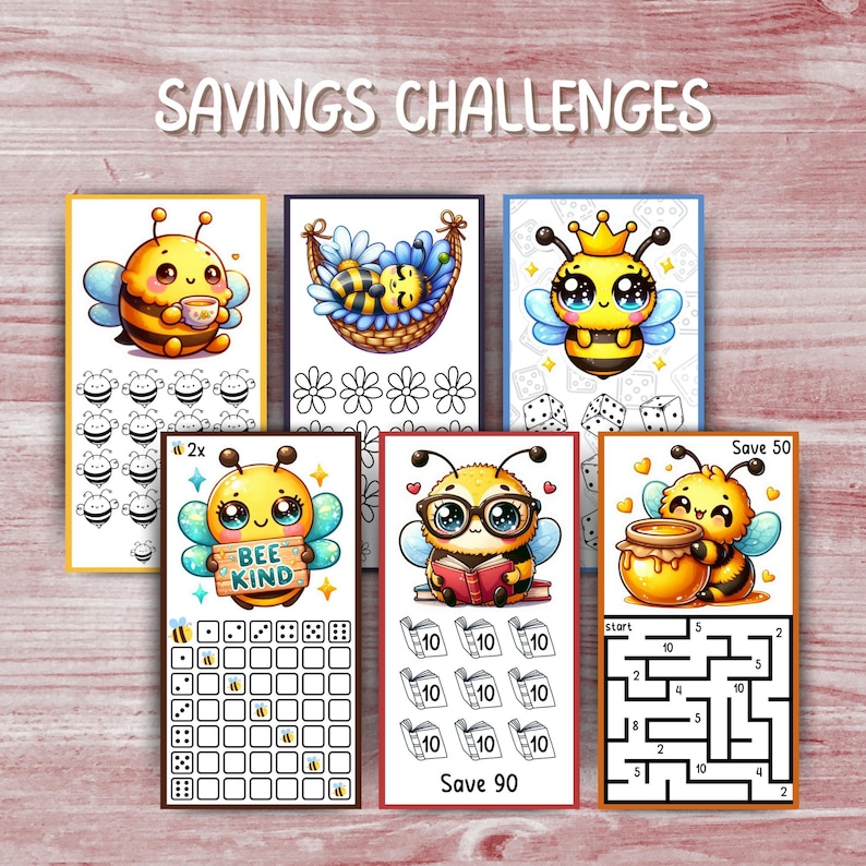 May include: A collection of colorful savings challenge cards featuring cartoon bees. Each card has a unique design, including bees with crowns, reading books, and holding honey pots. The text "SAVINGS CHALLENGES" is at the top.
