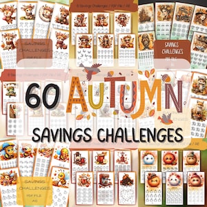 May include: 60 Autumn Savings Challenges printable PDF file.  The image shows a collage of colorful illustrations with fall themes, including pumpkins, leaves, acorns, and animals.  The text "60 Autumn Savings Challenges" is in large, bold letters.