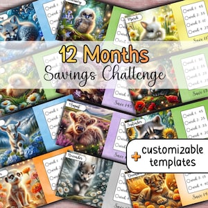 Könnte beinhalten: Eine Sammlung farbenfroher Spar-Challenge-Vorlagen, jede mit einem anderen Monat und einer Tierillustration. Der Text "12 Months Savings Challenge" ist deutlich sichtbar. Die Vorlagen sind anpassbar.