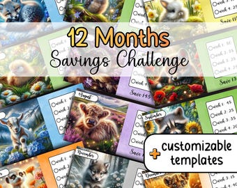 Desafío de ahorro personalizable para animales bebés de 12 meses. Inserto de presupuesto A6 imprimible para carpeta de presupuesto. Relleno de efectivo. Monto de ahorro de 1500.