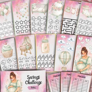 May include: A collection of watercolor illustrations with a baby theme. The images include a crib, baby bottles, a hot air balloon, a cake, and a pregnant woman. The text "Savings Challenge Baby" is visible.