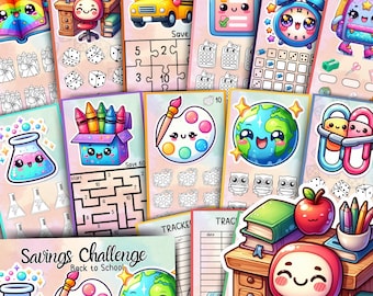 May include: A collection of colorful, illustrated back-to-school themed cards. The cards feature cute cartoon images of a school bus, an alarm clock, a globe, and school supplies. The text "Savings Challenge Back to School" is visible on one of the cards.