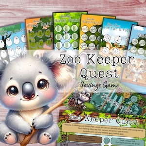 Op de afbeelding: Een kleurrijk bordspel genaamd "Zoo Keeper Quest: Savings Game" met een cartoonkoala die een stok vasthoudt. Het spel bevat kaarten met afbeeldingen van dieren en activiteiten zoals "Voer de baby-panda's" en "Geef de olifant een bad".