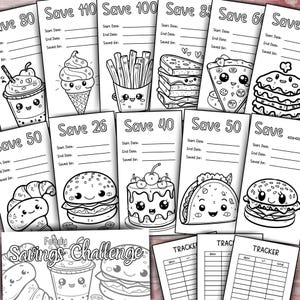 May include: Black and white line art of food-themed savings challenge trackers. The trackers feature illustrations of various foods like ice cream, fries, sandwiches, pizza, and burgers. The words "Foody Savings Challenge" are also visible.