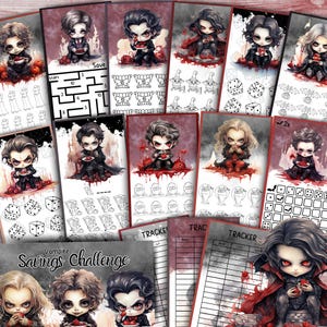 May include: A collection of printable vampire-themed savings challenges and trackers. The designs feature cartoon vampires with red eyes, holding apples, and surrounded by spooky elements like dice, bats, and tombstones. The text "Vampire Savings Challenge" is visible.