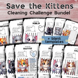 Może przedstawiać: Zestaw drukowanych szablonów wyzwań związanych ze sprzątaniem z uroczymi kreskówkowymi kociętami w klatkach. Tekst "Save the Kittens Cleaning Challenge Bundel" znajduje się na górze. Każdy szablon zawiera ilustrację kociąt i zadania sprzątania.