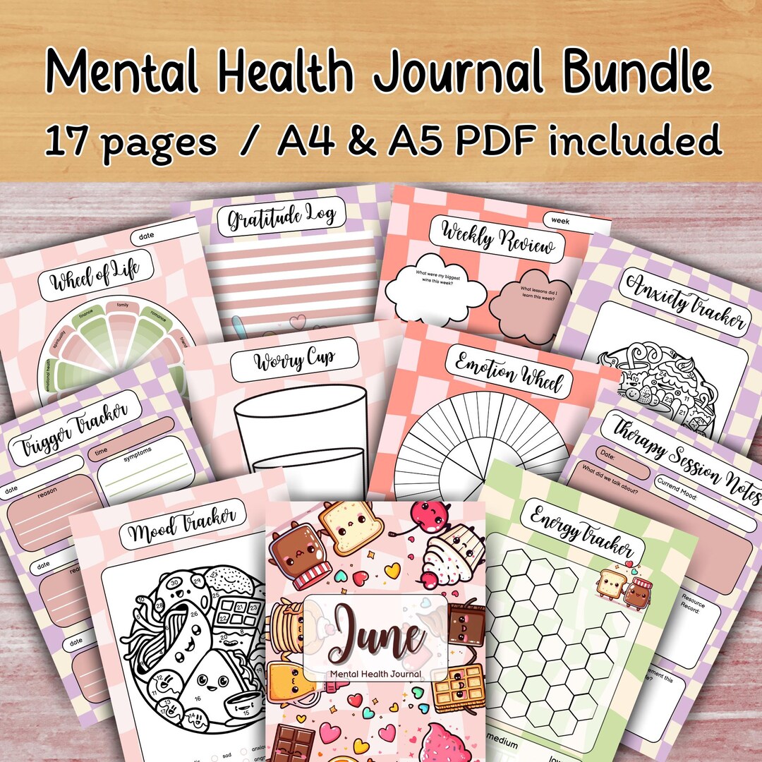 June Mental Health Journal Bundle Kawaii Food A4 & A5 Printable ...