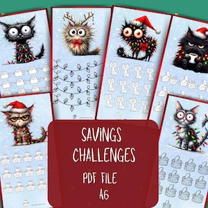 Op de afbeelding: Een set van zes printbare kerst spaaruitdaging kaarten met schattige cartoon katten met kerstverlichting en decoraties. De kaarten zijn ontworpen in een blauw-wit kleurenschema met de tekst "Savings Challenges PDF File A6".