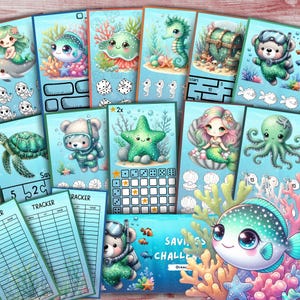 Sfida di risparmio per la vita nell'oceano per bambini, formato A6, tracciamento del denaro tascabile stampabile Kawaii, gioco di bilancio con simpatici animali marini, download immediato, bilancio estivo