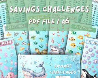 Desafíos de ahorro para la hora del baño con burbujas, paquete de desafíos de ahorro en miniatura bajo el agua, archivo PDF, descarga digital, animal marino, método de sobre