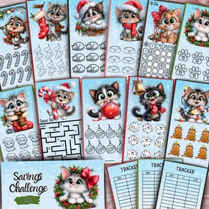 Può includere: Una collezione di tracker per sfide di risparmio stampabili con illustrazioni di gattini a tema natalizio, inclusi bastoncini di zucchero, calze, ornamenti e ghirlande, con varie griglie, labirinti e tabelle per monitorare gli obiettivi finanziari.
