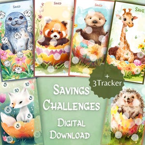 May include: A set of digital printable savings challenges featuring cute animal illustrations. Each challenge card has a different animal and a set of numbers to track savings goals. The cards are designed with a watercolor background and include a tracker for recording progress.