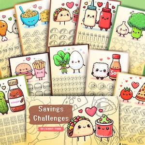 Leckeres Essen Sparen, Kawaii Challenges für A6 Sammelmappe, PDF Datei, Digital Download, Envelope Methode