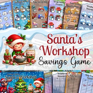 May include: A colorful Santa's Workshop Savings Game with various themed cards. The game features illustrations of elves, Christmas trees, presents, and cookies. The title text is in a festive font.
