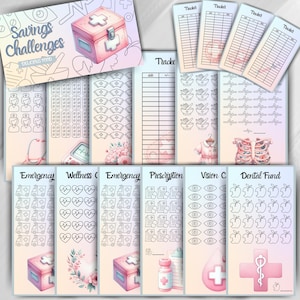 Peut inclure: Un ensemble de suivis de défis d'épargne imprimables avec un schéma de couleurs rose et blanc. Les suivis présentent diverses icônes, notamment une trousse de premiers soins, des pilules, des cœurs, des ambulances, et plus encore. Le texte "Savings Challenges" est en haut de la page.