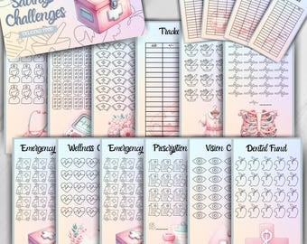 May include: A set of printable savings challenge trackers with a pink and white color scheme. The trackers feature various icons, including a first aid kit, pills, hearts, ambulances, and more. The text "Savings Challenges" is at the top of the page.