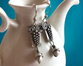 Pearl & Sterling Earrings - Sterling Silver Drop Earrings - Wire Wrapped Pearl Earrings