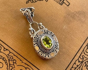 Peridot & Bali Silver Pendant - Peridot and Sterling Pendant - Silver Filigree Pendant