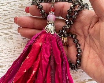 Red Sari Silk Tassel Necklace - Hand Knotted Dark Pink & Red Tassel Necklace - 35" Boho Chic Necklace