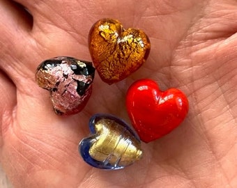 Venetian Glass Puff Heart Beads - (4) Murano Glass Hearts - Beading Supplies