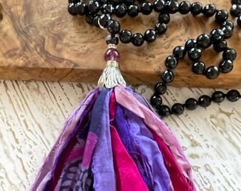 Long Sari Silk Tassel Necklace - Hand Knotted Sari Tassel Necklace - Purple Mix Sari Tassel 36" Necklace