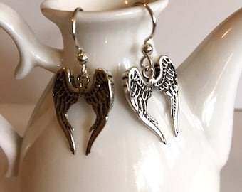 Silver Angel Wing Earrings - Sterling Silver Earrings - Angel Wing Jewelry