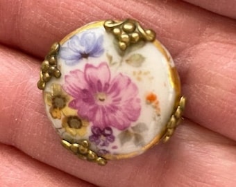 Antique Porcelain Pin - Antique Floral Hand Painted Porcelain Brooch - Antique Jewelry