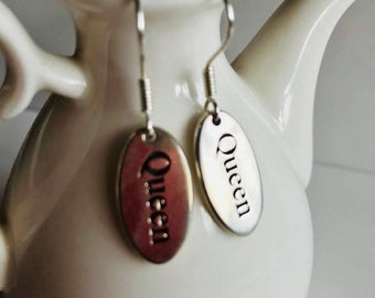 Sterling Silver "Queen" Earrings - Silver Word Drop Earrings - Queen