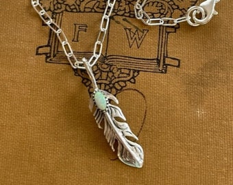 Sterling Feather Pendant With Opal - Silver & Opal Pendant Necklace - Silver Feather Jewelry