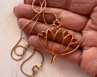 Copper Lotus Pendant Necklace - Large Copper Lotus Pendant - Zen Lotus Flower Pendant