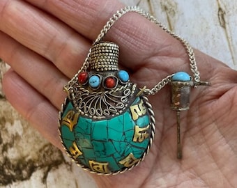 Nepali Snuff Bottle Pendant - Turquoise & Coral Inlay Perfume Bottle - Ethnic Tibetan Tribal Pendant