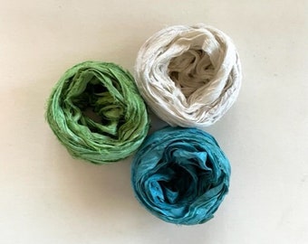 Sari Silk Ribbon - Recycled Sari Silk - Green, Antique White & Teal, 5 Yds Each, 15 Yds Total