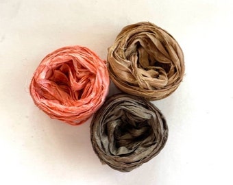 Recycled Sari Silk Ribbon - Sari Silk Ribbon - Peach, Khaki & Dark Olive, 5 Yds Each, 15 Yds Total