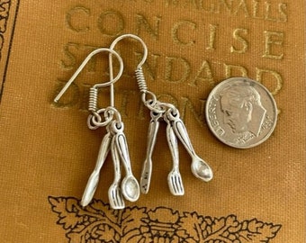 Sterling Silver Earrings - Utensils Earrings - Mini Knife, Fork & Spoon