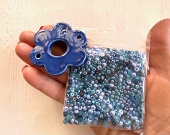 Blue 4mm Seed Bead Mix - Blue Beads & Ceramic Pendant - Jewelry Making Supply