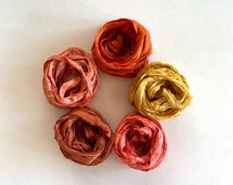 5 Color Sari Silk Sampler - Recycled Multi Sari Ribbon - 5 Shades of Orange, 2 Yds Each, 10 Yds Total