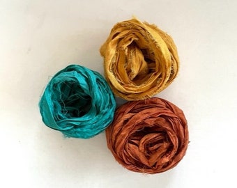 Sari Silk Ribbon - Recycled Sari Silk Ribbon - Teal, Gold, Rust, 5 Yds Each, 15 Yds Total