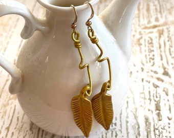 5.00 Dollar Earrings - Golden Leaf Drop Earrings - Long Leaf Earrings