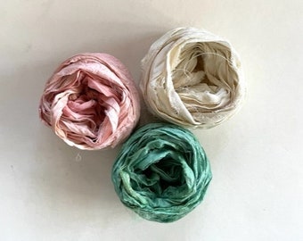 Recycled Sari Silk Ribbon - Silk Sari Ribbon - Buff, Antique White, Light Teal, 5 Yds Each, 15 Yds Total