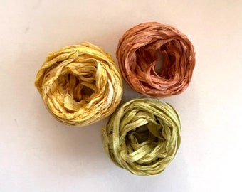 Sari Silk Ribbon - Recycled Sari Silk Ribbon - Goldenrod, Terra Cotta, Bright Olive, 5 Yards Each, 15 Yards Total