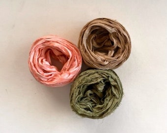 Recycled Sari Silk Ribbon - Sari Silk Ribbon - Peach, Khaki & Olive, 5 Yds Each, 15 Yds Total