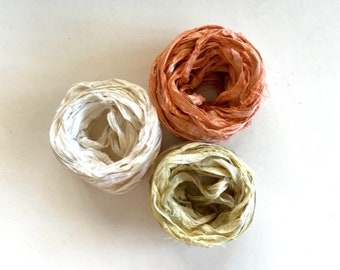 Sari Silk Ribbon - Recycled Sari Silk Ribbon - White, Peach, Butter, 5 Yds Each, 15 Yds Total